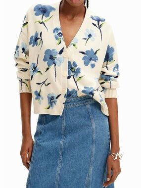 Desigual Blue Cream Floral Button Up Statement Sweater Cardigan Sweater Small